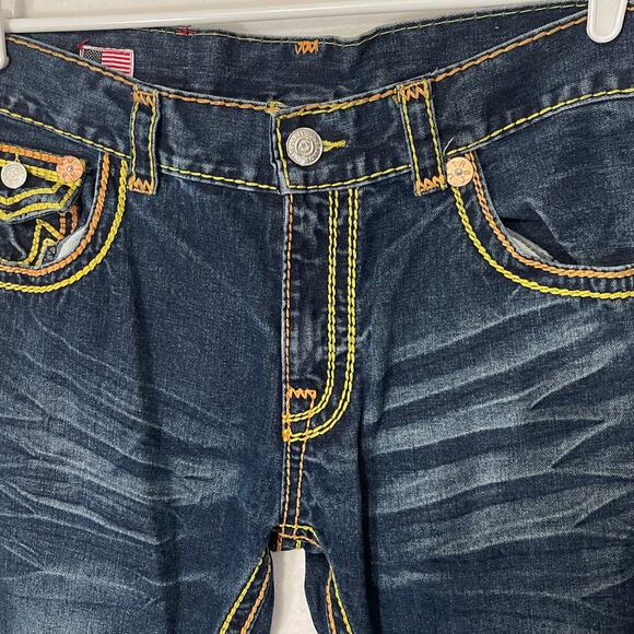 True Religion Vintage Y2K Mens Jeans 34x34 Yellow/Orange Stitching Flap Pocket - Picture 14 of 16